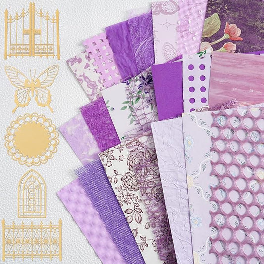 50 Sheets Unique Handmade Textured Scrapbook Paper & Mesh Fabric Set - Junk Journal Supplies Craft Paper for Scrapbooking Journaling Supplies for Junk Journal Retro Crafts（Purple）