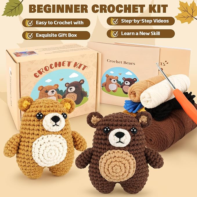 Crochet Kit for Beginners - Bear Crochet Kits, Beginner Crochet Kit for Adults, Crochet Animal Kit for Starters with Step-by-Step Video Tutorials, Knitting Bears with Squishy Hip Design