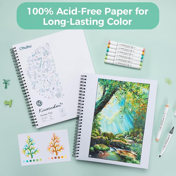 Ohuhu 11"x14" Double-Sided Bleedproof Marker Pad Art Sketchbook 60 Sheets | Large Sketch Book - 90 LB/150 GSM Smooth Drawing Paper - 60 Sheets/120 Pages - Spiral-Bound Sketch Pad for Alcohol Markers
