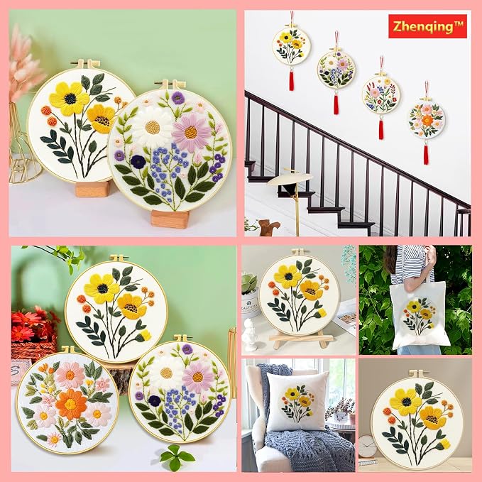 Zhenqing Floral Embroidery Kit for Beginners, 3 Patterns, 7.8in Hoop