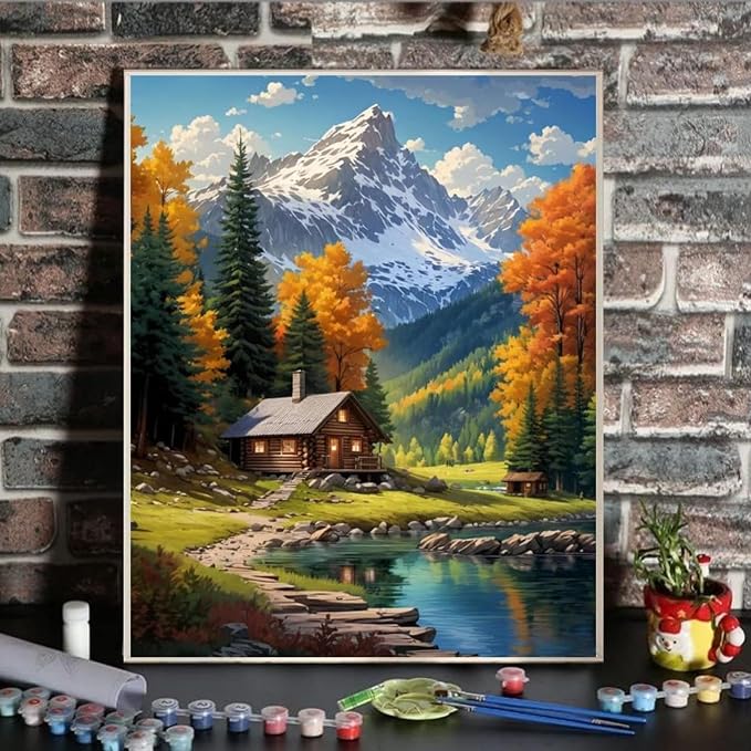 ldazao Mountain Paint By Numbers Kit for Adults Beginner with Frame Wooden Easel Cabin Adult Paint By Number Kits On Canvas for Gift Home Wall Decor 16x20 Inch