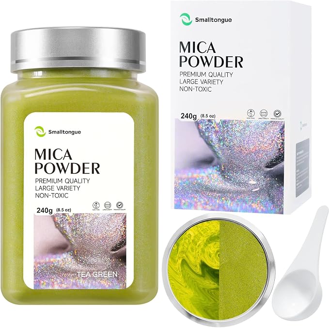 Mica Powder, Tea Green, 240g with Scoop, Complies with ASTM D-4236 | For Epoxy Resin, Soap, Bath Bomb, Candle| Safety Material| Odorless| Brilliant Colors