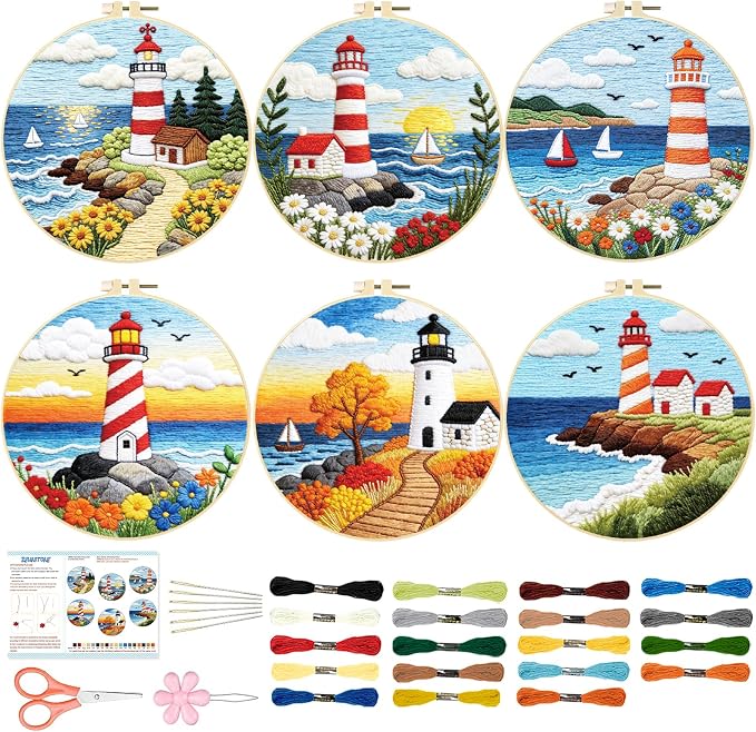 BEUNITONE 6 Set Beginner Embroidery Kit for Adults with Pre-Printed Washable Lighthouse Pattern, DIY Needlepoint Craft Kits for Cloth with Embroidery Hoop and Instruction, Funny Gifts for Home Decor