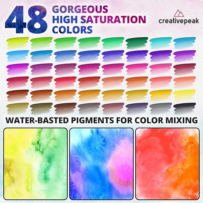 Creativepeak Watercolor Brush Pens - 48 Vibrant Soft Tip Coloring Markers with 2 Blending Brushes - Premium Art Supplies for Calligraphy, Lettering, Coloring & Journaling