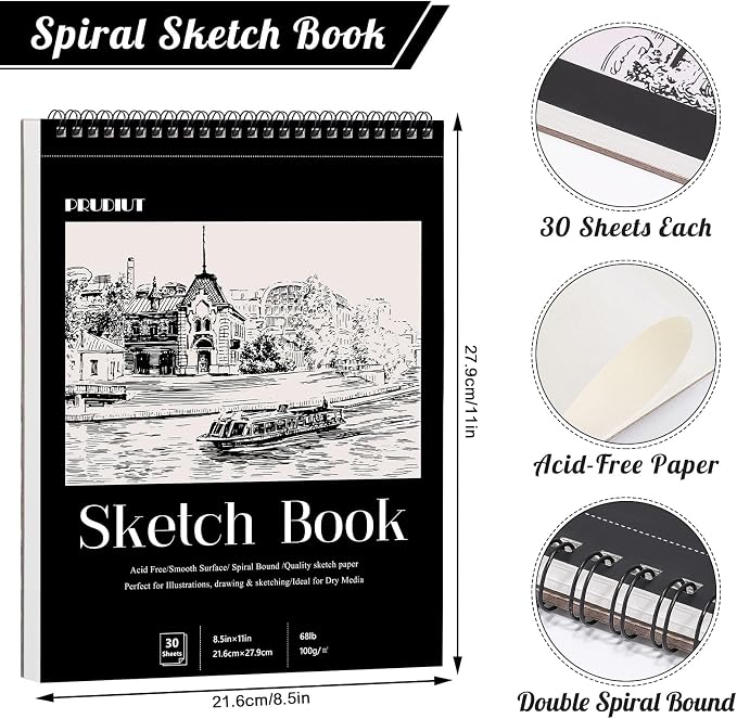 4 Pack Sketch Books 8.5 × 11 in, Top Spiral, 30 Sheets Each, Drawing Pad | 68Lb/100gsm Acid-Free Paper, Smooth for Pencil, Charcoal & Pastel, Hard Backing for Travel & Class
