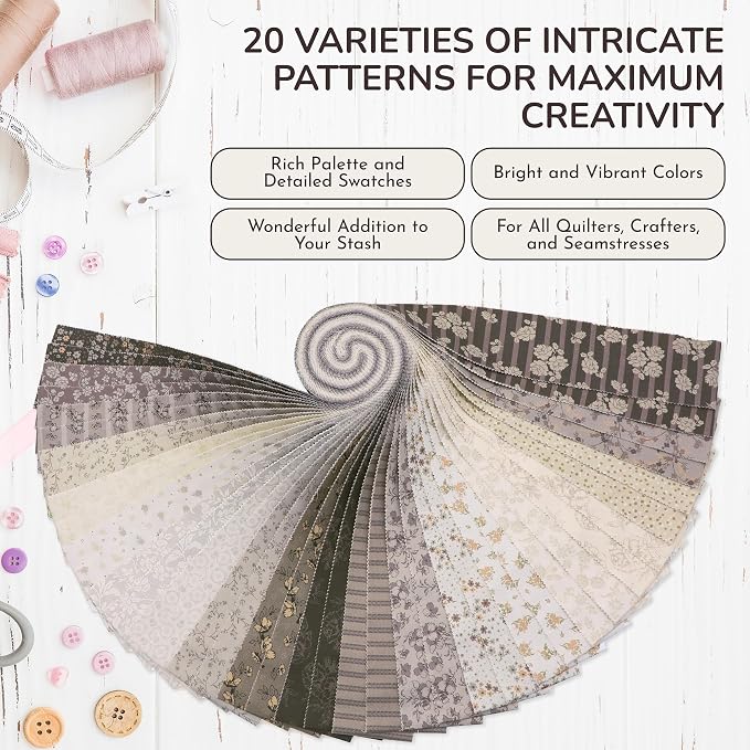 Tinyspool & Co.'s Twirlie Roll 40 Precut Quilting Fabric Strips for Quilting Supplies, Crafting, and Sewing, Soft Cotton Strip for Blanket, Rug, Upholstery, Home Decor, and Purse Making, Star Dune