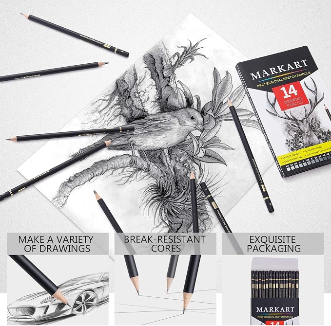 MARKART Drawing Sketching Pencils Set, 14 Pieces, Graphite Pencil(12B - 4H) | Professional Sketch Pencils for Drawing Art, Sketching, Shading & Art Projects , Artist Pencils for Beginners & Pro Artists