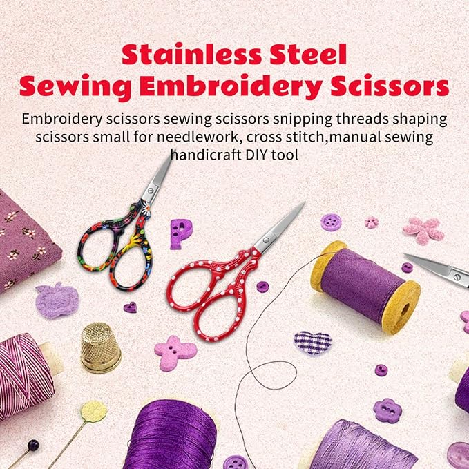 2PCS Sewing Embroidery Scissors, 3.6 Inches Sharp Stainless Steel Crochet Scissor Craft Scissors for Cross Stitch Supplies, Crochet Accessories, Paper Cutting,Threading & Needlework DIY(Red+Pink)
