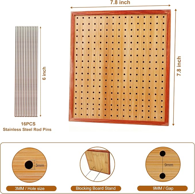 HHSarioneiro 7.8" Crochet Blocking Board with 16 Pins/Pegs, Granny Square Blocking Boards for Crochet Projects, Wooden Crocheting Accessories Gifts for Crocheters