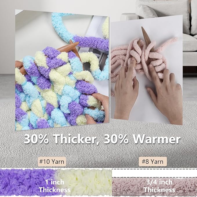 Cozyful Chunky Yarn for Hand Knitting - #10 Chunky Chenille Blanket Yarn, Jumbo Big Thick Chunky Yarns for Crocheting, Tie Dye Bulky Knit Yarns, 8 Skein (20 yds 8 oz Each Skein), Purple&Yellow&Blue