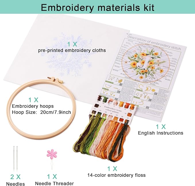 Harimau Letter J Pattern Embroidery Kit for Adult Beginners, Complete Starter Pack with 1 Hoop, Needles, Instruction Guide & Embroidery Stitch Video Tutorials