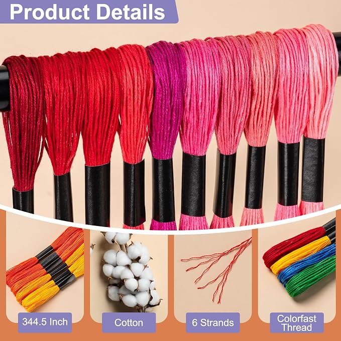 Amrules Friendship Bracelet String, 60 Pcs Embroidery Floss, Colorful | Including 344.5" Cotton Cross Stitch Thread, Hand Embroidery Thread for DIY Sewing and Embroidery Crafts Making with Tools