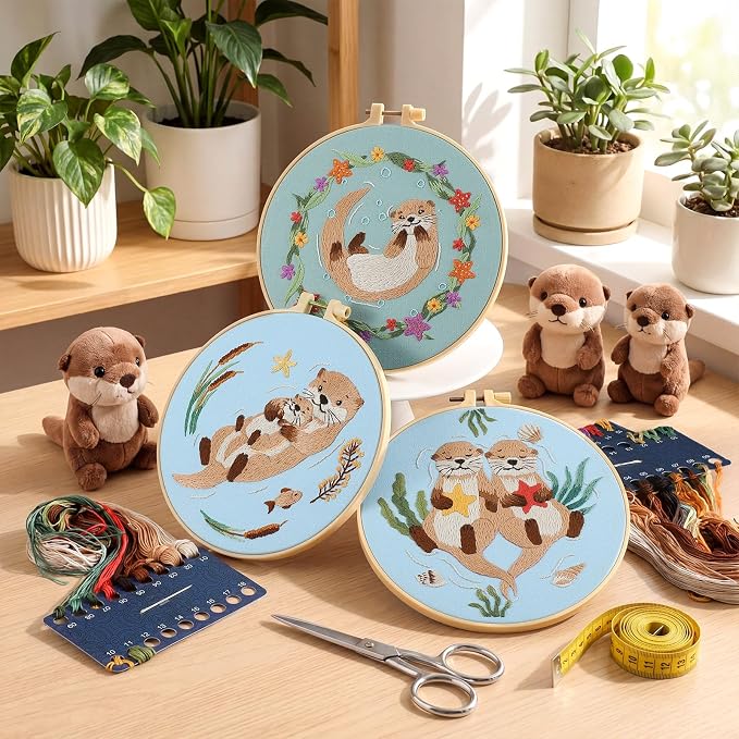 Mindsoft 3 Set Needlepoint Kit for Beginners with Hoop,Otter | Bamboo Hoop Thread Needles Instructions, Easy Hand Embroidery for Beginners Home Crafts,Pre-stamped Funny Cute Designs