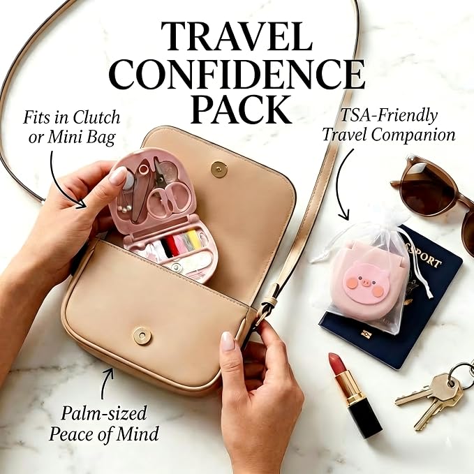 2 Pack Mini Travel Sewing Kit, Portable Emergency Sewing Box with Scissors, Needles, Threads, Compact Clothing Repair Set for Travel, Purse, Office, College Dorm(3D Piggy Pink)