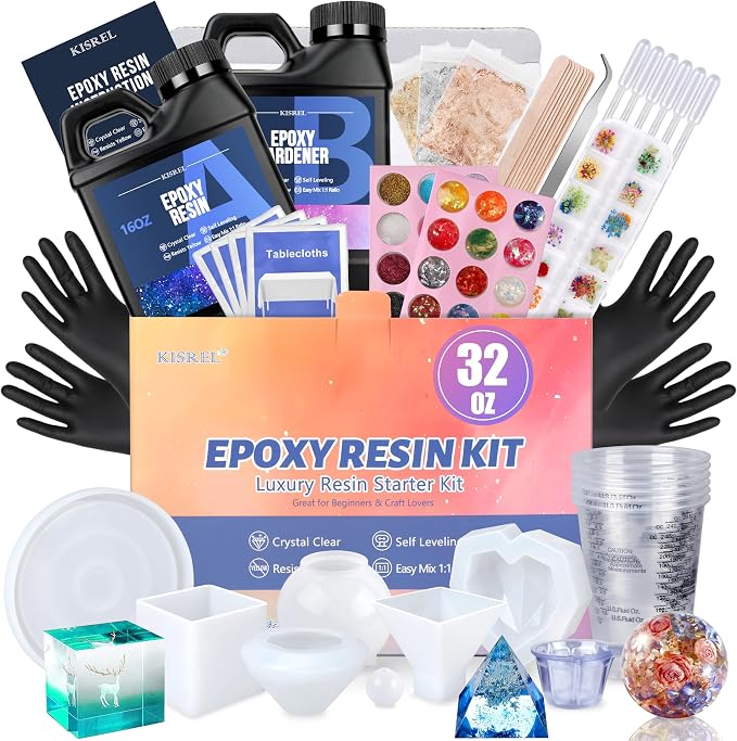 KISREL Epoxy Resin Kit 32OZ with Molds, Dried Flowers & Tools for Beginners | All-in-one starter set with molds,Crystal clear, bubble-free & easy 1:1 mix,Ideal for jewelry, coasters & DIY crafts
