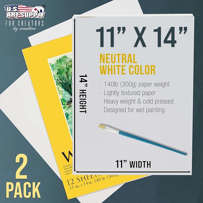 U.S. Art Supply 11" x 14" Premium Heavyweight Watercolor Paper Pad, 2-Pack