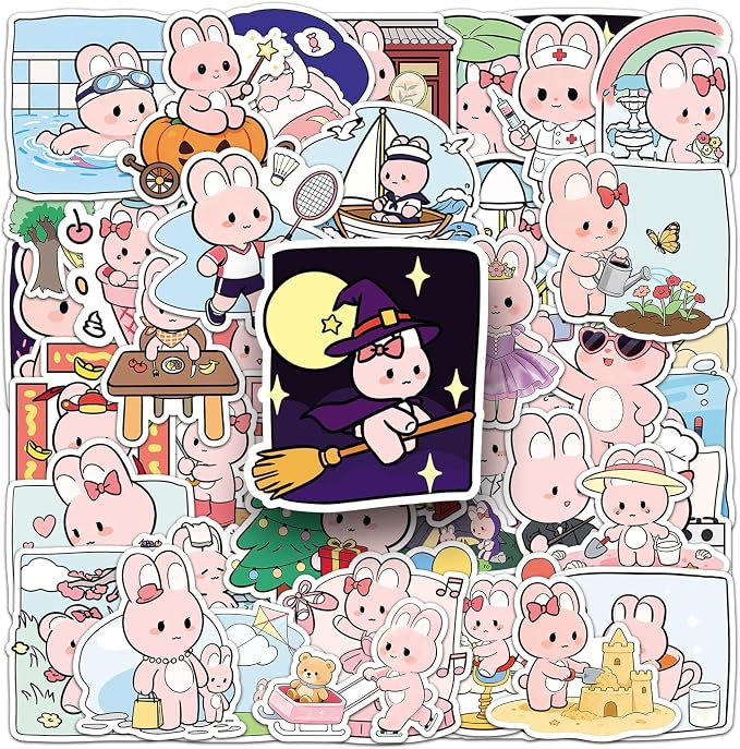 51PCS Cute Pink Bunny Stickers for Water Bottles, Aesthetic Cartoon Rabbit Vinyl Waterproof Stickers for Laptop, Journal, Phone, Scrapbook Teens Adults Decorative Size 1.78-2.35 Inch(Cute Pink Bunny)