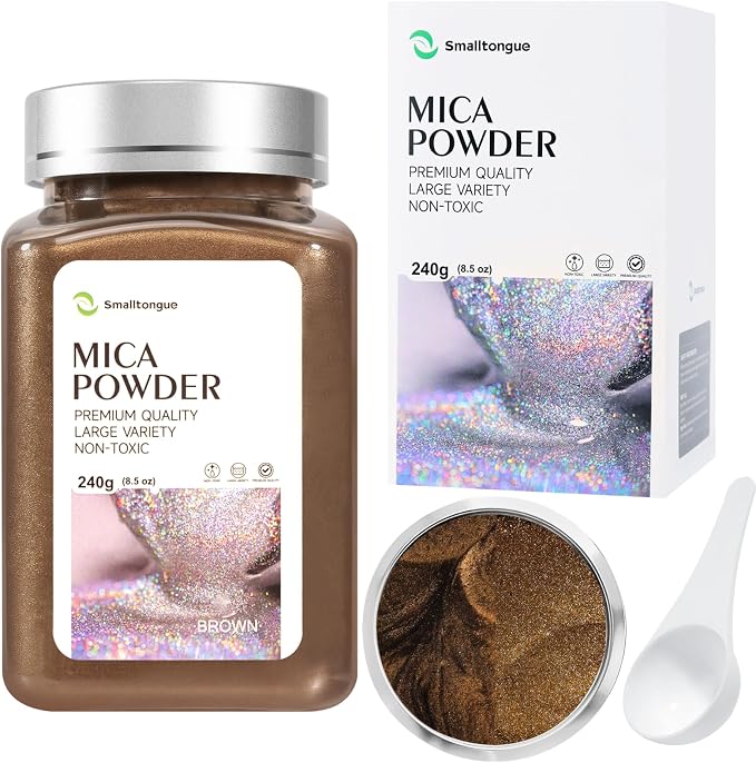 Mica Powder, Brown, 240g with Scoop, Complies with ASTM D-4236 | For Epoxy Resin, Soap, Bath Bomb, Candle| Safety Material| Odorless| Brilliant Colors