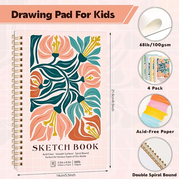 Spiral Bound Sketch Book 5.5 × 8.5 in, 100 Sheets, 100 GSM Paper | Acid-Free Drawing Paper, Lays Flat, for Pencil Charcoal Pastel & Colored Pencil