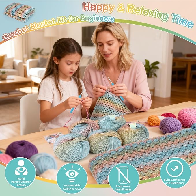 Aeelike Crochet Blanket Kit for Beginner Easy Crochet Kit, Classic Gradient