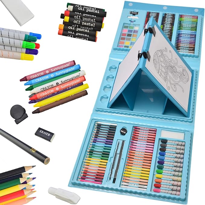Sunnyglade 185 Pieces Double Sided Trifold Easel Art Set Art Supplies Blue | Art Kit Drawing Art Box with Oil Pastels, Crayons, Colored Pencils, Markers, Paint Brush, Watercolor Cakes, Sketch Pad