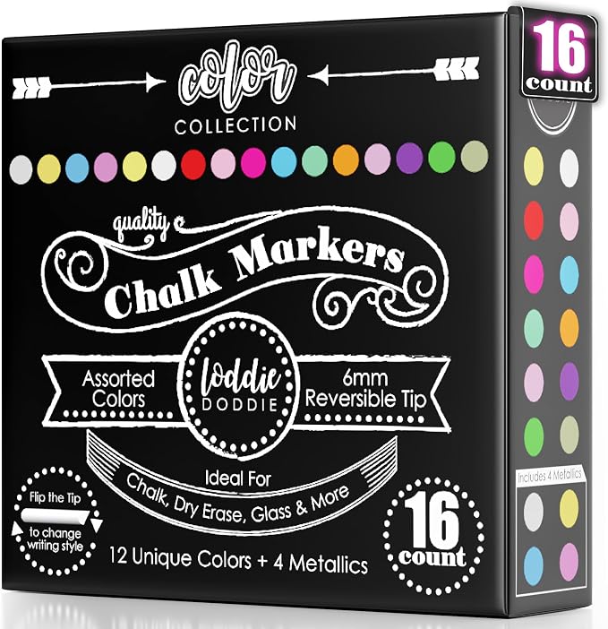 Loddie Doddie Chalk Markers, Chalkboard Markers, Reversible Tips, 16 Pack | Reversible Tips for Bold or Fine Lines, Wipes Clean on Glass, Pastel & Neon Colors for Blackboard Signs, Dry Erase Pen