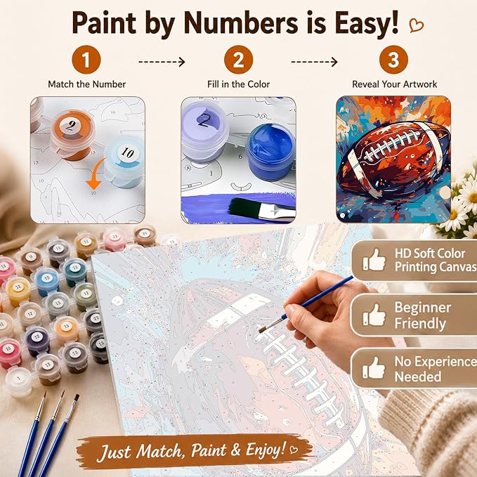AUKELHJ Paint by Numbers Kit for Adults Beginner, Football, 16X20 Inch | Paint by Number for Adults, Beginner Friendly, High-Definition Color Canvas, Stress Relief, Home Decor, Gifts, Unframed