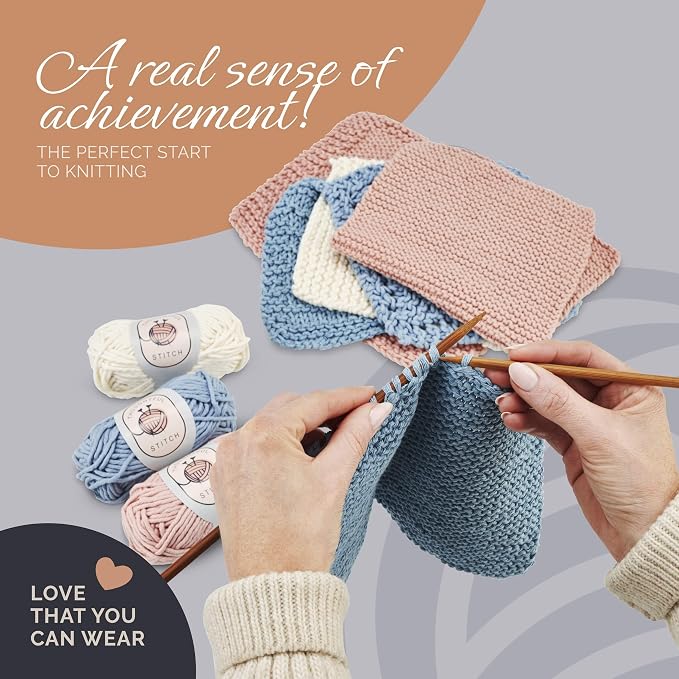 Thoughtful Stitch Knitting Kit for Beginners Adults & Kid Friendly- Complete Knitting Kit - Learn to Knit Yarn Set with Tutorial Book for Adult Hobbies - 100% Cotton Wool & Bamboo Knitting Needle