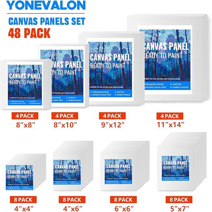 Canvas Boards for Painting, 48pcs Multi-Size Paint Canvas Art Supplies Gift | 4x4 4x6 6x6 5x7 8x8 8x10 9x12 11x14 Blank Canvases, Primed Acid-Free 100% Cotton for Acrylic, Oil, Watercolor
