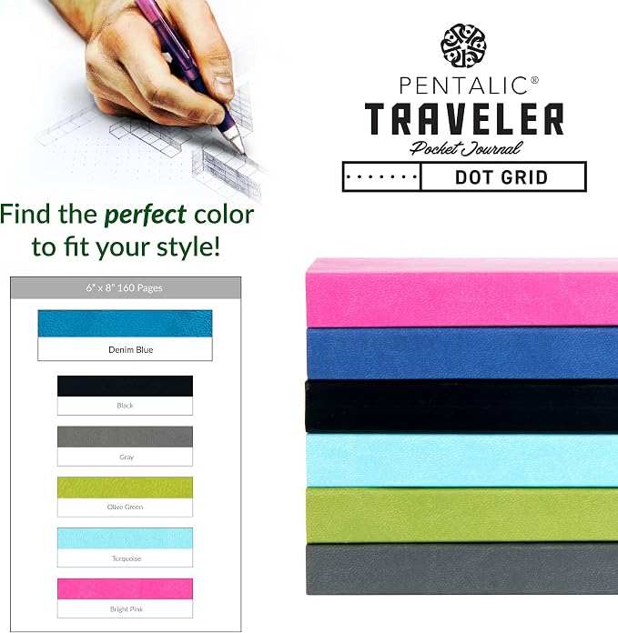 Pentalic 6 x 8" Pocket Dot Grid Traveler Journal, 160 Pages, Denim Blue