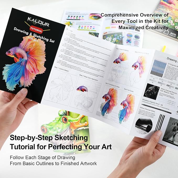 109 Drawing Set Sketching Kit, Pro Art Supplies with Fluorescent, Colored, Watercolor, Metallic, Graphite, Charcoal Pencils, 5 Sketchbook and Coloring Book, for Artists Adults Teens Beginner