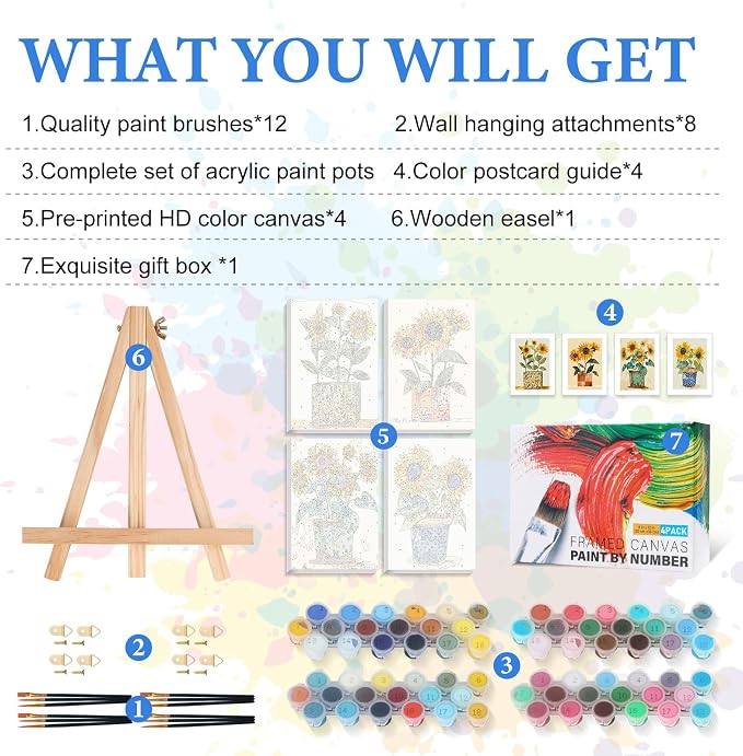 4 Pack Framed Paint by Numbers Kit for Adults with Wooden Easel, Sunflower Easy Paint by Number Kits with Frame, DIY Acrylic Adult Paint by Number Kits on Canvas Framed for Home Decor Gift 8x12 Inch