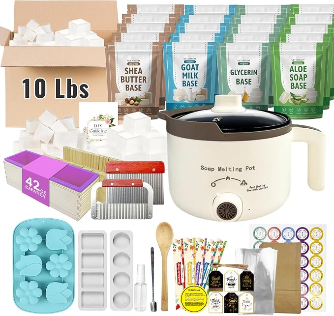 LFISGNN Soap Making Kit with 4 Flavored 10 lbs Soap Base in Bulk | DIY Soap Kit in Bulk with Soap Melting Pot, 10 lbs Soap Base (Shea Butter, Glycerin, Aloe, Goat Milk) and Loaf Mold