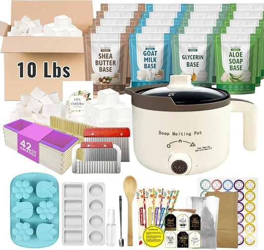 LFISGNN Soap Making Kit with 4 Flavored 10 lbs Soap Base in Bulk | DIY Soap Kit in Bulk with Soap Melting Pot, 10 lbs Soap Base (Shea Butter, Glycerin, Aloe, Goat Milk) and Loaf Mold