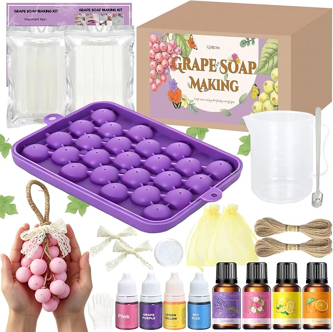 Soap Making Kit, DIY Grape Soap Craft Kits for Adults, Make Your Own Soap with Shea Butter Glycerin Melt and Pour Base, Silicone Molds, Dried Flowers, DIY Craft for Beginners Gift for Women