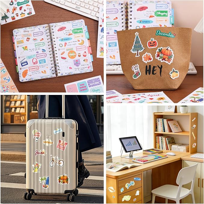 1000+ Holiday Seasonal Daily Monthly Planner Stickers for Women Men - Scrapbooking Supplies 24 Pages Sticker Book for Calendar Vision Board, Removable & Repositionable Junk Journal Supplies for Adults
