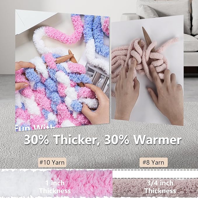 Cozyful Chunky Yarn for Hand Knitting - #10 Chunky Chenille Blanket Yarn, Jumbo Big Thick Chunky Yarns for Crocheting, Tie Dye Bulky Knit Yarns, 8 Skein (20 yds 8 oz Each Skein), Blue & Pink & White