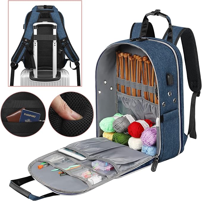 SINVICKO Crochet Bag, Knitting Bag Backpack and Totes Organizer with USB Charging Port, Large Yarn Storage Tote Bag
