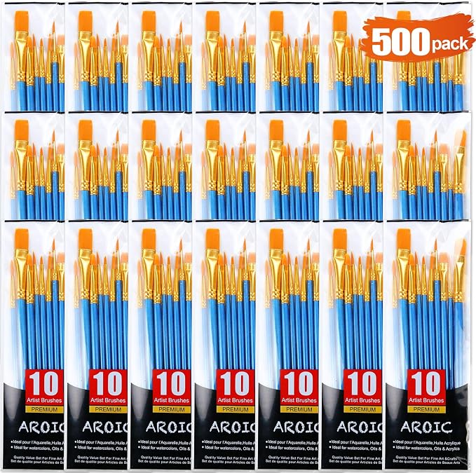 Acrylic Paint Brush Set, 50 Packs / 500 pcs Nylon Hair Brushes | All Purpose Oil Watercolor Painting Artist Professional Kits
