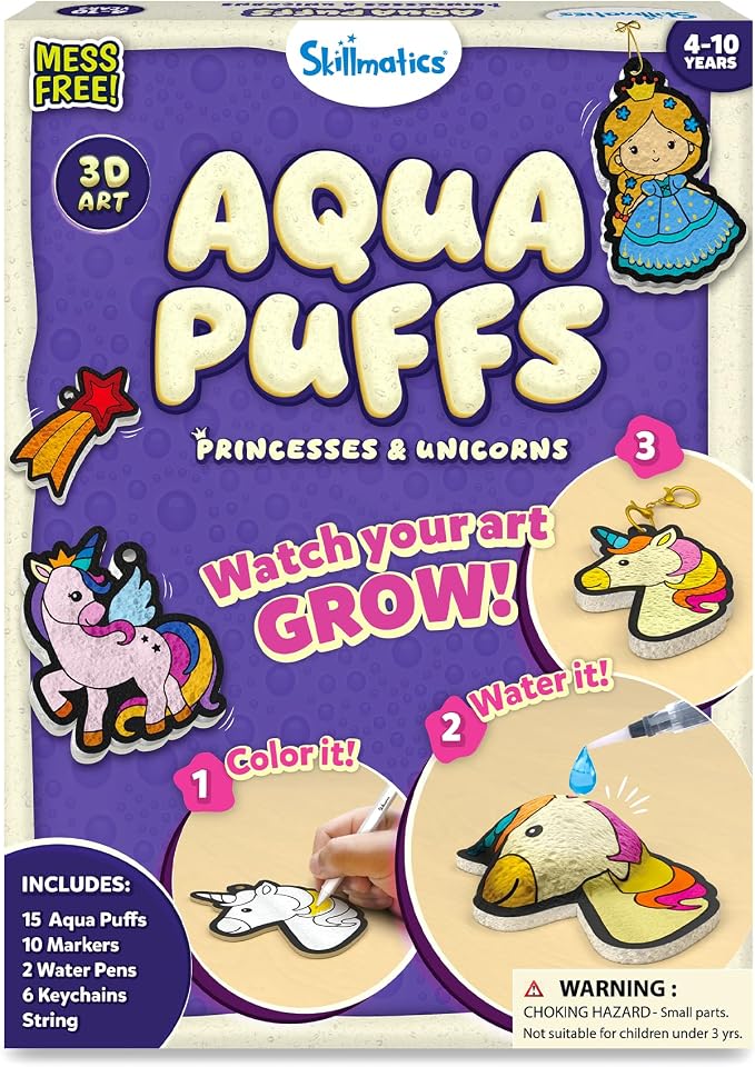 Skillmatics Aqua Puffs Unicorns, Art & Craft Gift for Kids, Paint by Number | DIY Princess Puffy Keychains, Screen-Free, Mess-Free Activity, Creative Kit for Girls & Boys Ages 4, 5, 6, 7, 8, 9, 10