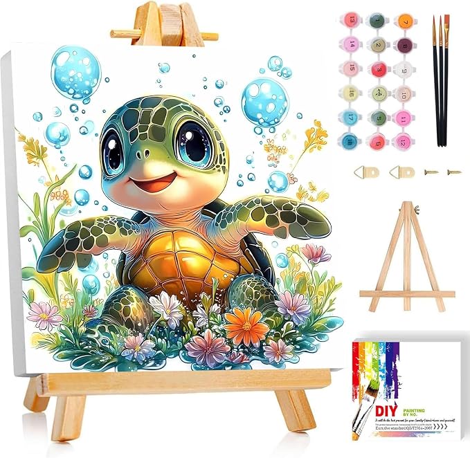 cviokrdu Turtle Paint by Numbers Kit for Kids with Frame - Wooden Easel, Sea Turtle Paint by Numbers for Kids Ages 4 8 12, Easy Acrylic Oil Painting Kits for Home Wall Decoration 8x8 inch
