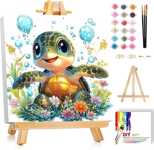 cviokrdu Turtle Paint by Numbers Kit for Kids with Frame - Wooden Easel, Sea Turtle Paint by Numbers for Kids Ages 4 8 12, Easy Acrylic Oil Painting Kits for Home Wall Decoration 8x8 inch