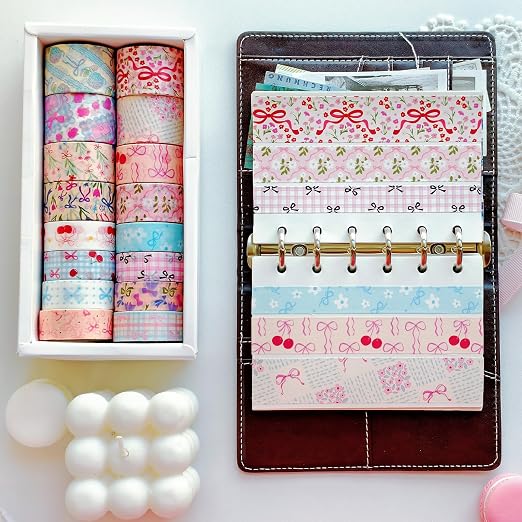 16 Rolls Vintage Washi Tape Set with Bowknot Patterns, Decorative Scrapbook Tape for Journaling Supplies, DIY Crafts and Bullet Journals