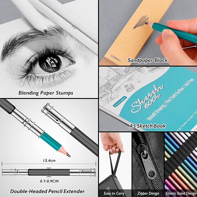 Soucolor 73Pcs Art Supplies Drawing Kit Sketch Pencils Set Adults Gift | 73-Piece Art Set Includes Sketch Book, Coloring Book, Graphite Pencils, Watercolor Pencils & Portable Case for Artists