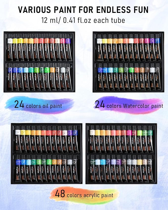 Nicpro 158PCS Deluxe Art Painting Kit for Artist with Easel, Paints & Brush | Professional Metal and Solid Beech Wood Easel, Acrylic, Oil & Watercolor Paint Set, Paint Brushes, Canvas, Palette, Paper Pad