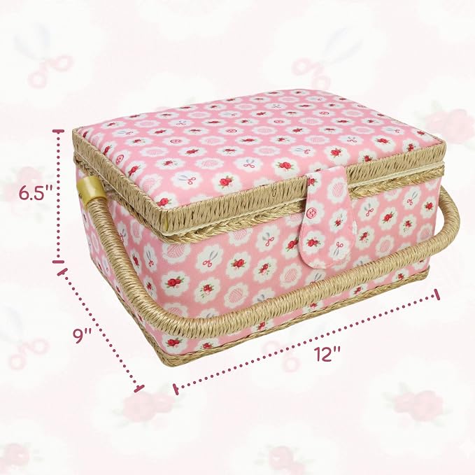 Sewing Basket with Accessories, Large Sew Storage Organizer with Complete Tools, Wooden Sew Box with Removable Tray Tomato Pincushion for Mending, Pink Rose