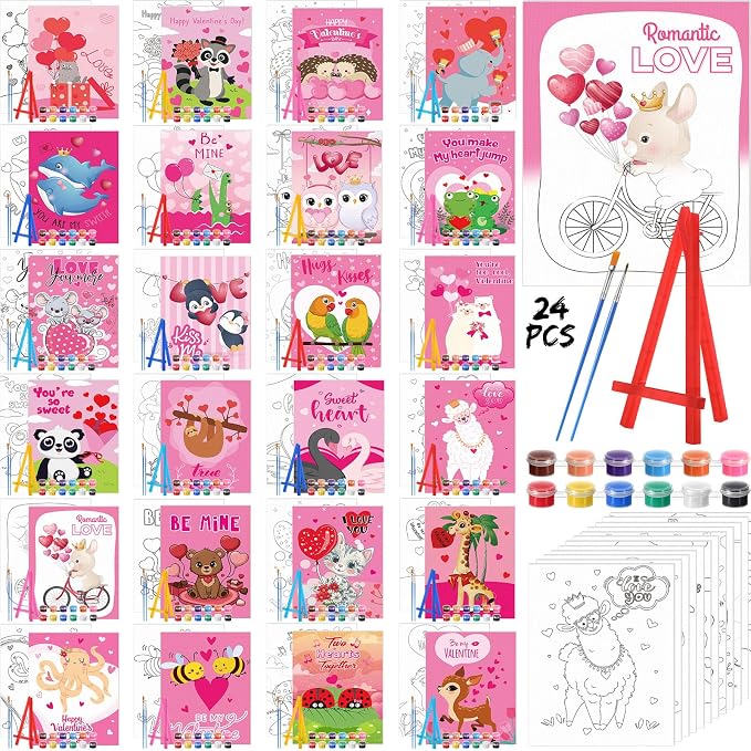 Blosssound 24 Pack Valentine's Day Pre Drawn Canvas to Paint Pre Printed Canvas Painting Kits Bulk with Easel Paint Pots Brushes for Adult Sip Party Beginner Birthday DIY