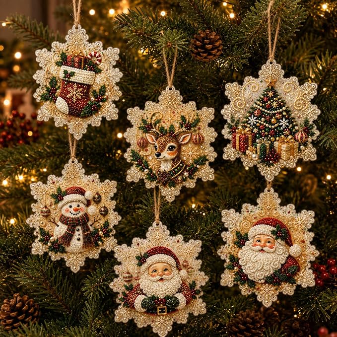6PCS Christmas Wooden Ornaments DIY Pearl Diamond Painting Kit 12