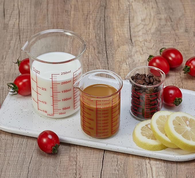 Ackers BORO3.3 Glass Measuring Cups with Spouts, 3-Piece Set, 60/120/250 ml