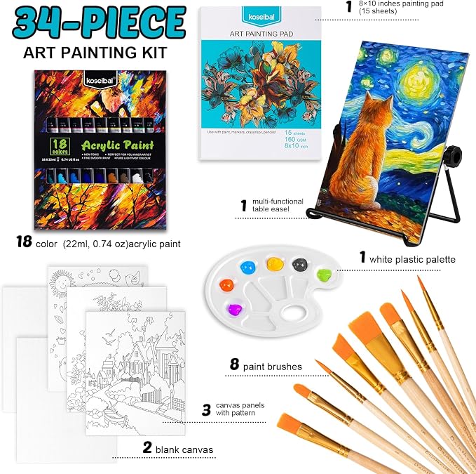 koseibal Acrylic Paint Set for Kids & Adults, Art Supplies Kit with Canvas